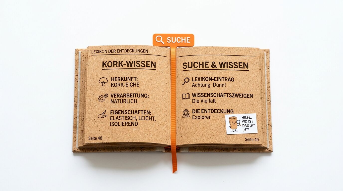 Aufgeschlagenes Buch aus Korkmaterial mit deutschem Text und orangefarbenem Lesezeichen