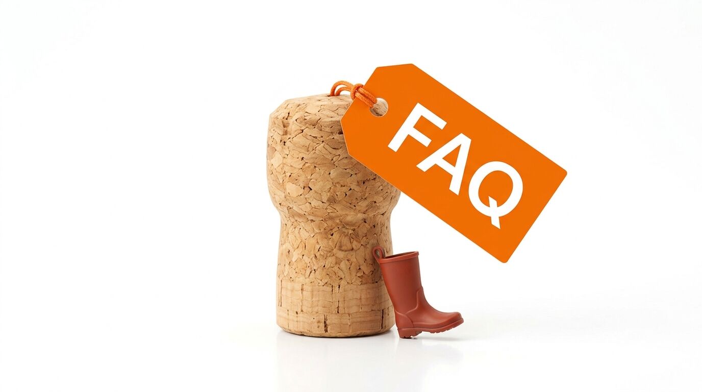 Sektkorken mit orangefarbenem FAQ-Schild und einem braunen Miniatur-Gummistiefel