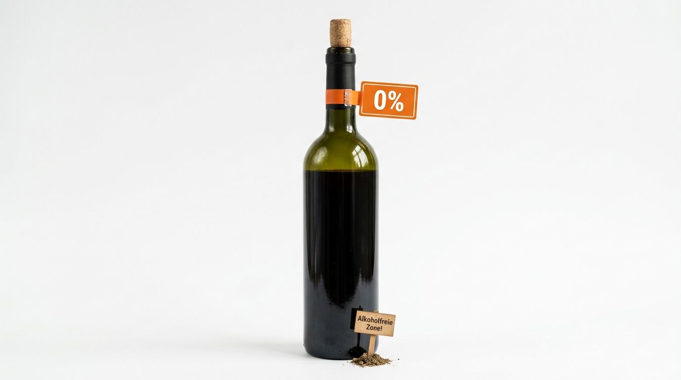 Eine Rotweinflasche mit einem Korken, einem 0%-Schild und einem Schild für alkoholfreie Zonen