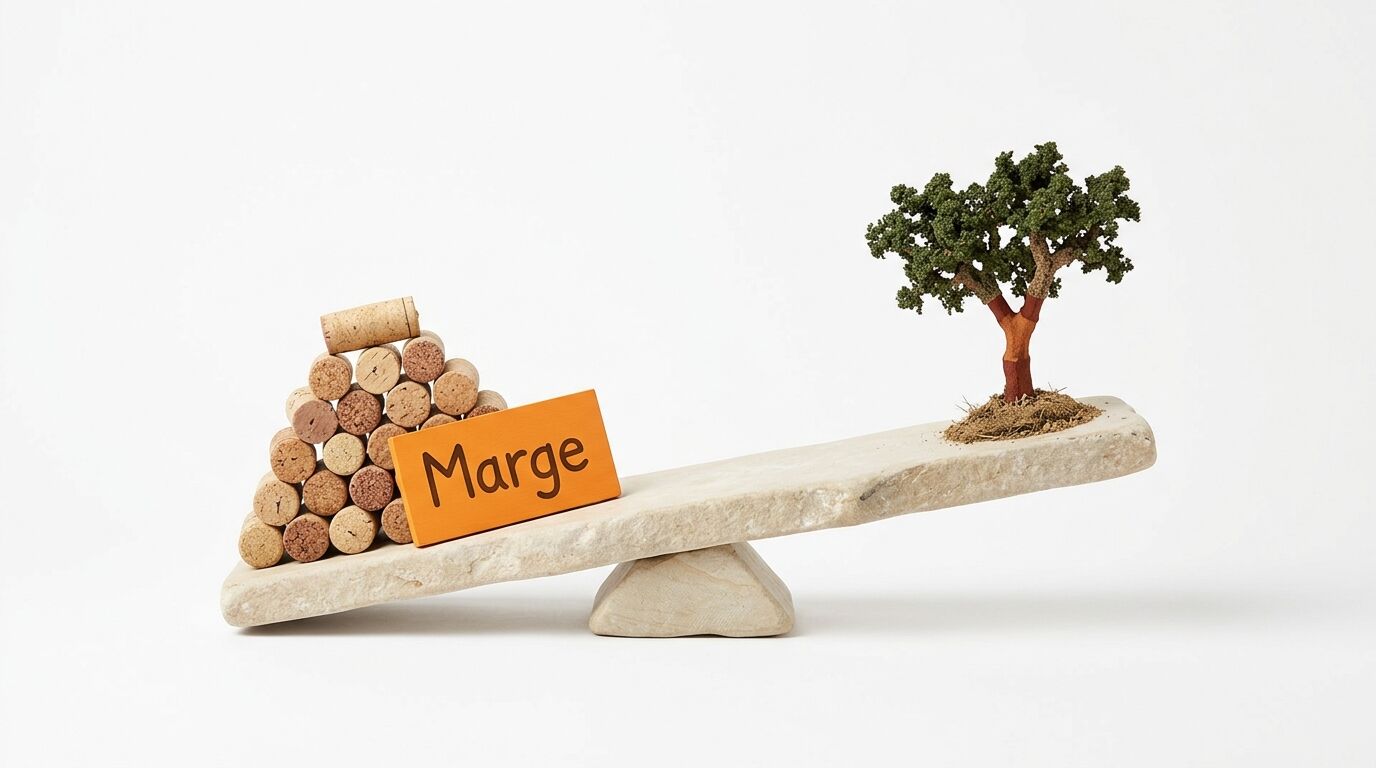 Steinerne Wippe mit Korken-Marge-Stapel links und Baum rechts im Gleichgewicht
