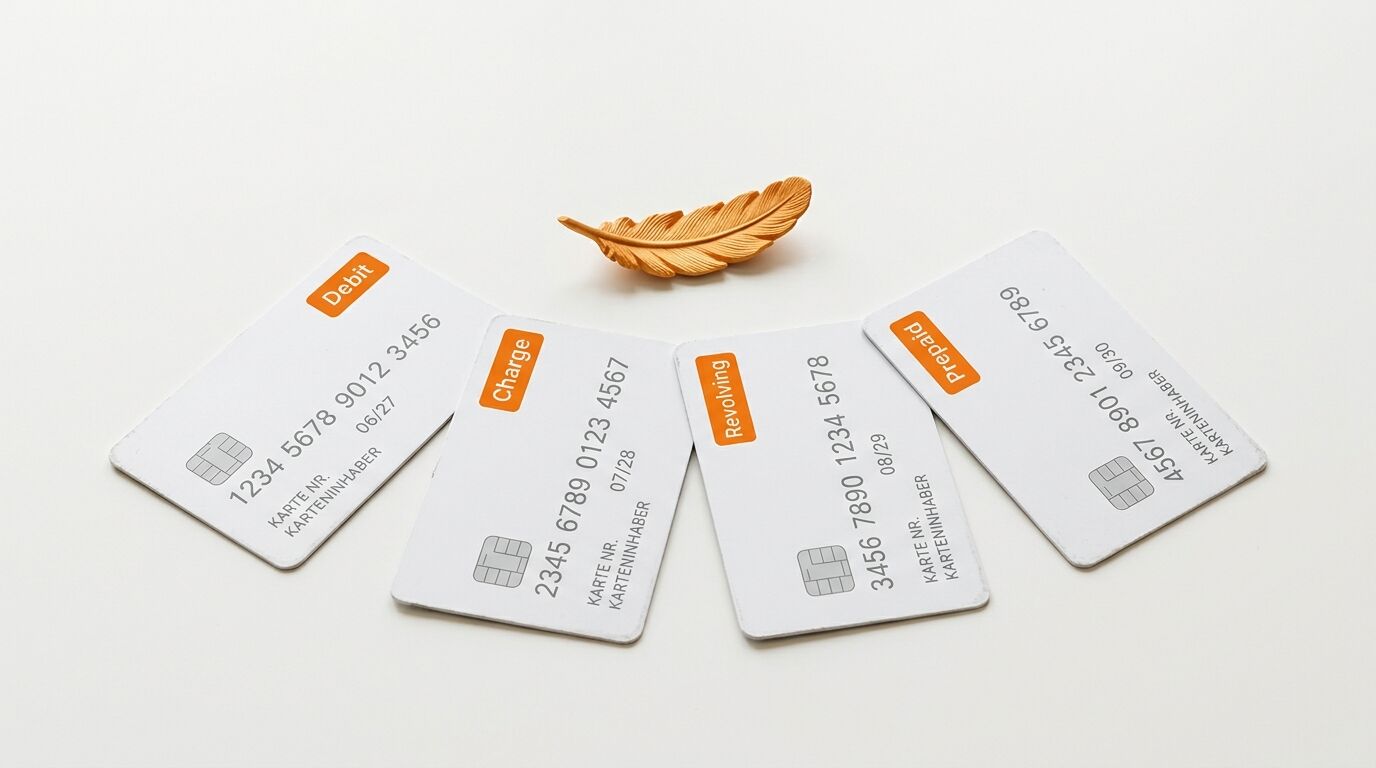 Vier Kreditkarten (Debit, Charge, Revolving, Prepaid) und eine goldene Feder auf weißem Grund