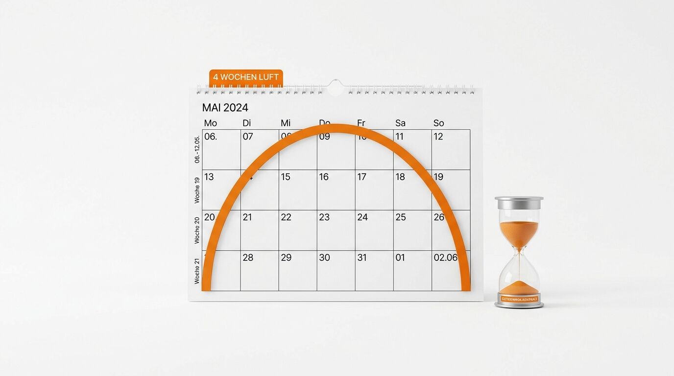 Kalender Mai 2024 mit orangefarbenem Bogen, der vier Wochen umfasst, neben einer Sanduhr