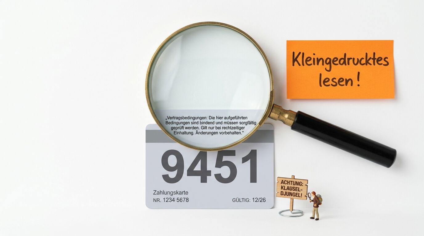 Eine Lupe vergrößert Text auf einer Karte, daneben Notizzettel und Figur