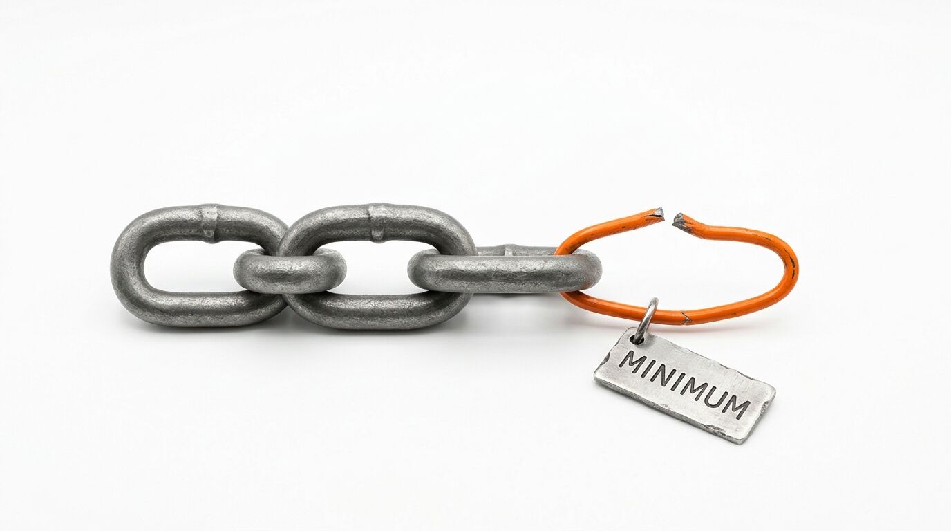 Zerstörte orange Kette mit grauem „MINIMUM“-Anhänger vor weißem Hintergrund