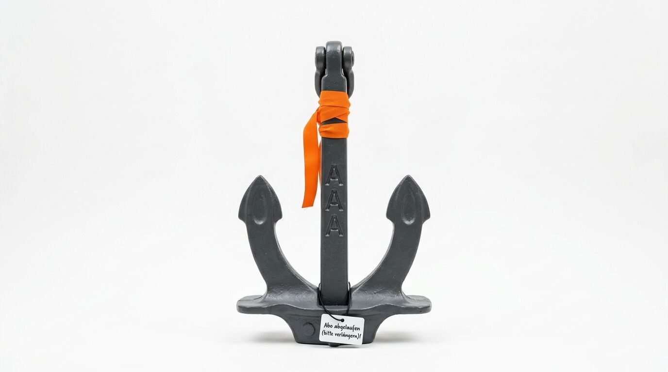 Ein grauer Metallanker mit orangefarbenem Band und einem Schild auf Weiß