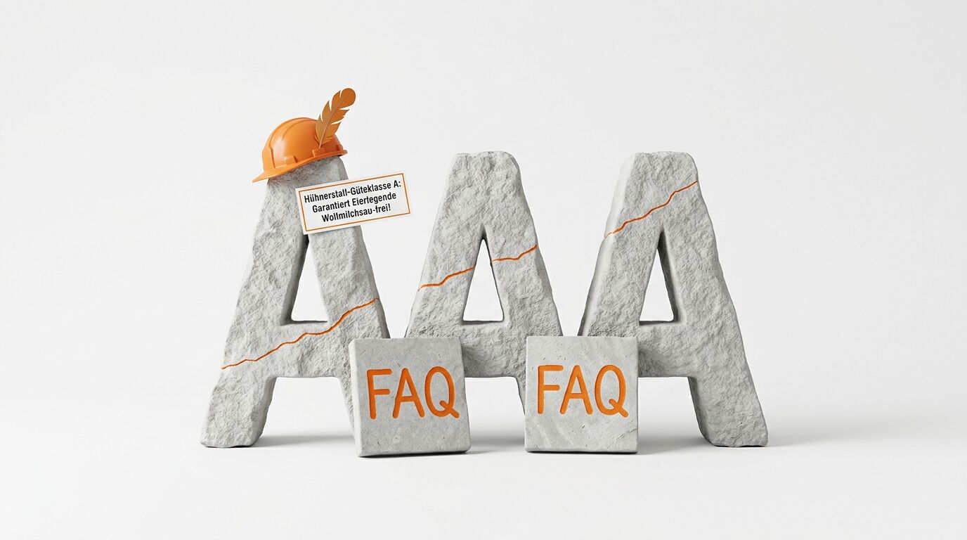 Drei steinerne AAA-Buchstaben mit Helm, Schild und zwei FAQ-Blöcken davor