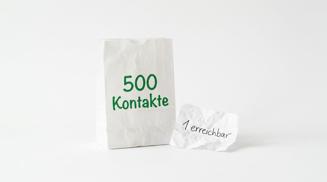 Ein weißes Papiertüte mit grüner Aufschrift "500 Kontakte" neben zerknittertem Papier mit "1 erreichbar"