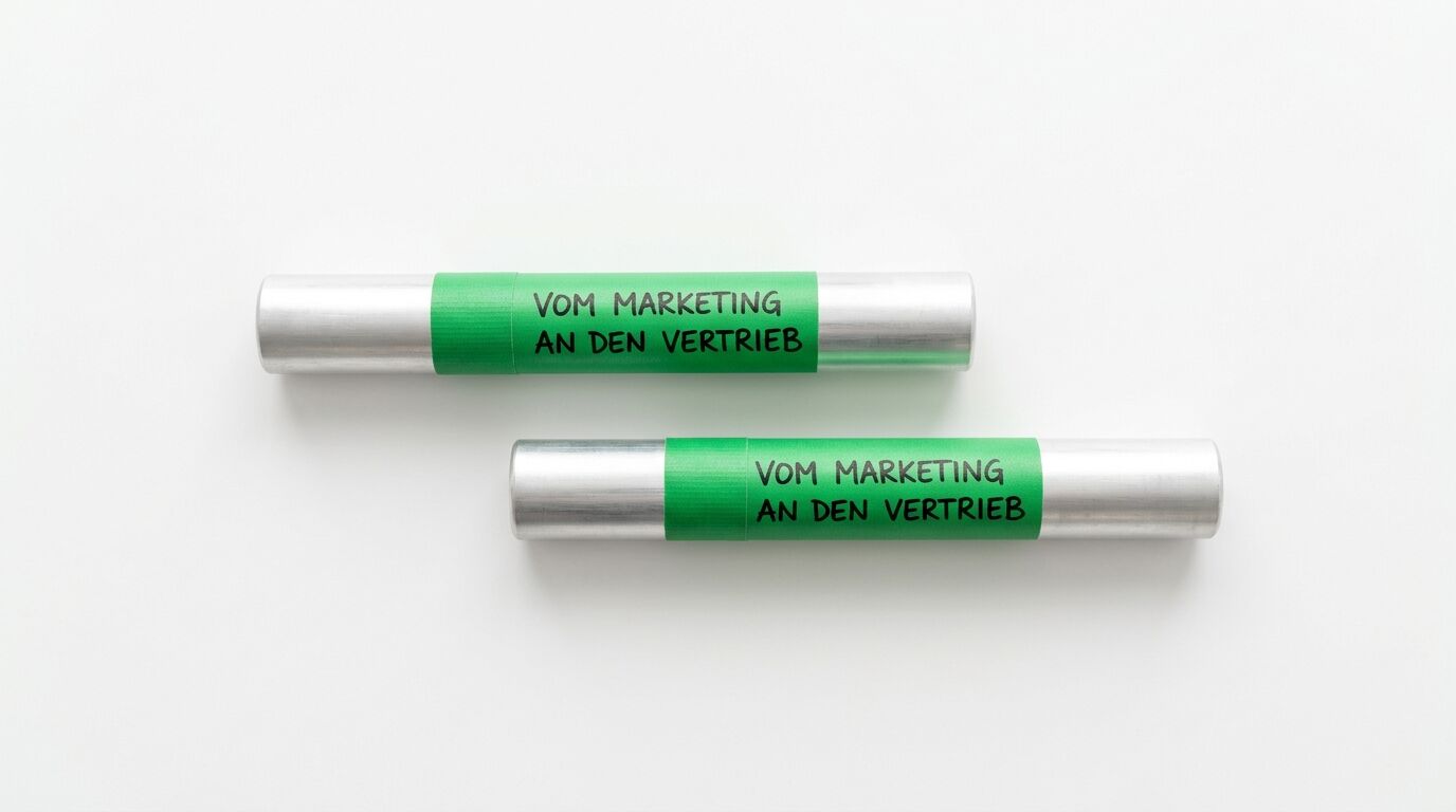 Zwei grüne Marker mit silbernen Enden, beschriftet mit "VOM MARKETING AN DEN VERTRIEB"
