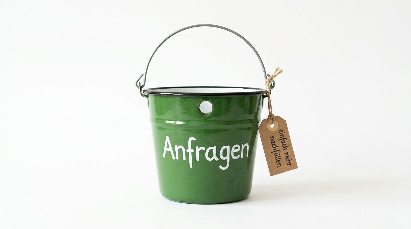 Grüner Eimer mit Henkel und Aufschrift "Anfragen", versehen mit braunem Anhängerschild