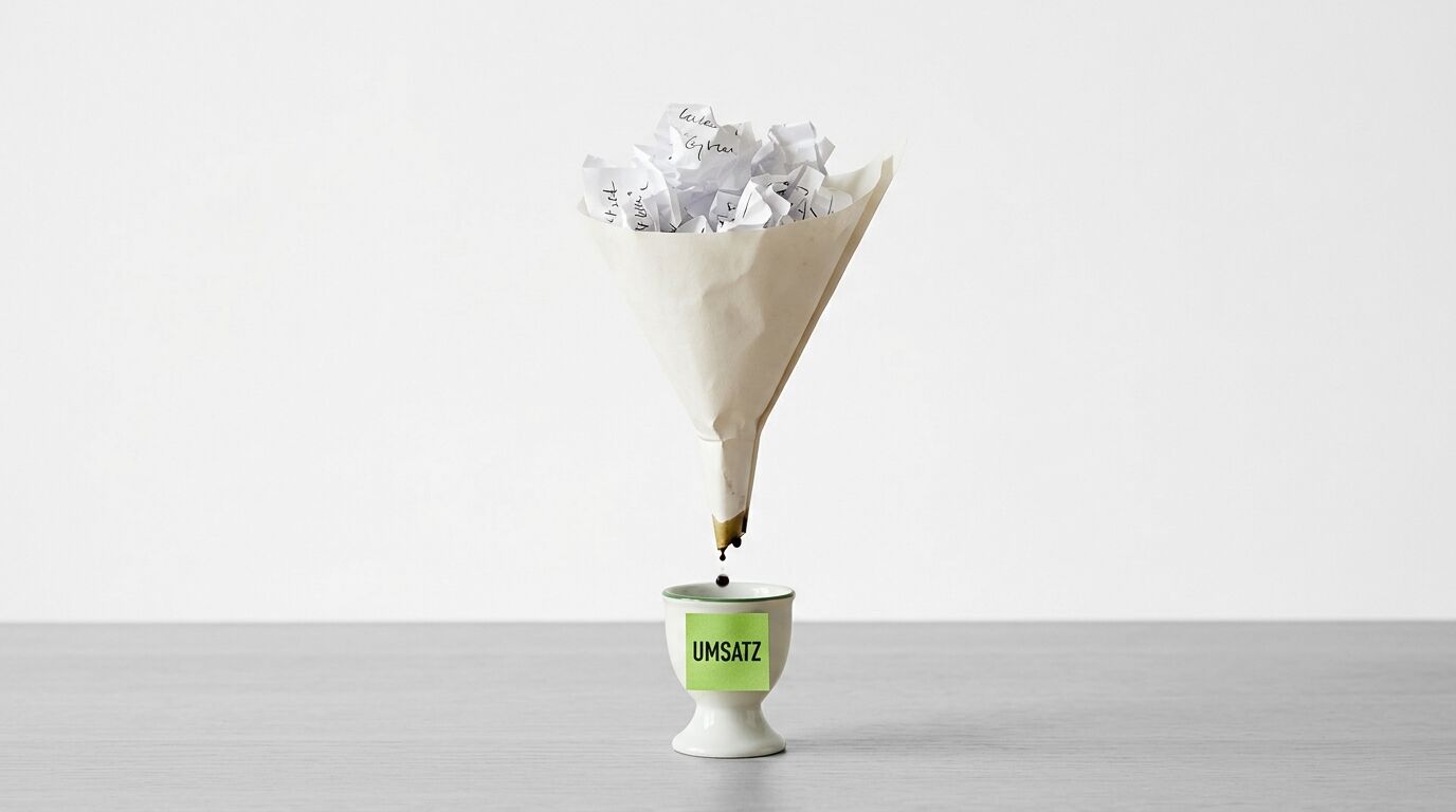 Ein Behälter mit grünem "UMSATZ"-Etikett, aus dem ein Papiertüte mit beschrifteten Zetteln herauswächst