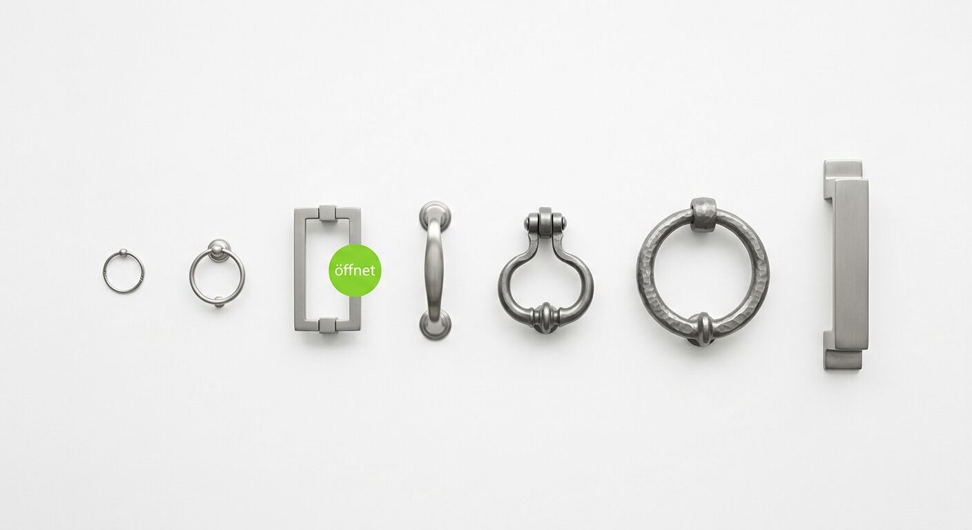 Sechs Metallgriffe in verschiedenen Designs, angeordnet von links nach rechts. Der dritte Griff hat ein grünes "öffnet"-Logo. Alle auf weißem Hintergrund