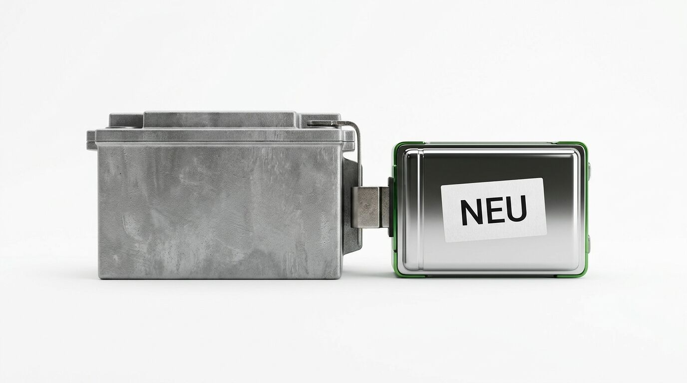 Eine alte, verwitterte Batterie neben einer neuen, glänzenden Batterie mit