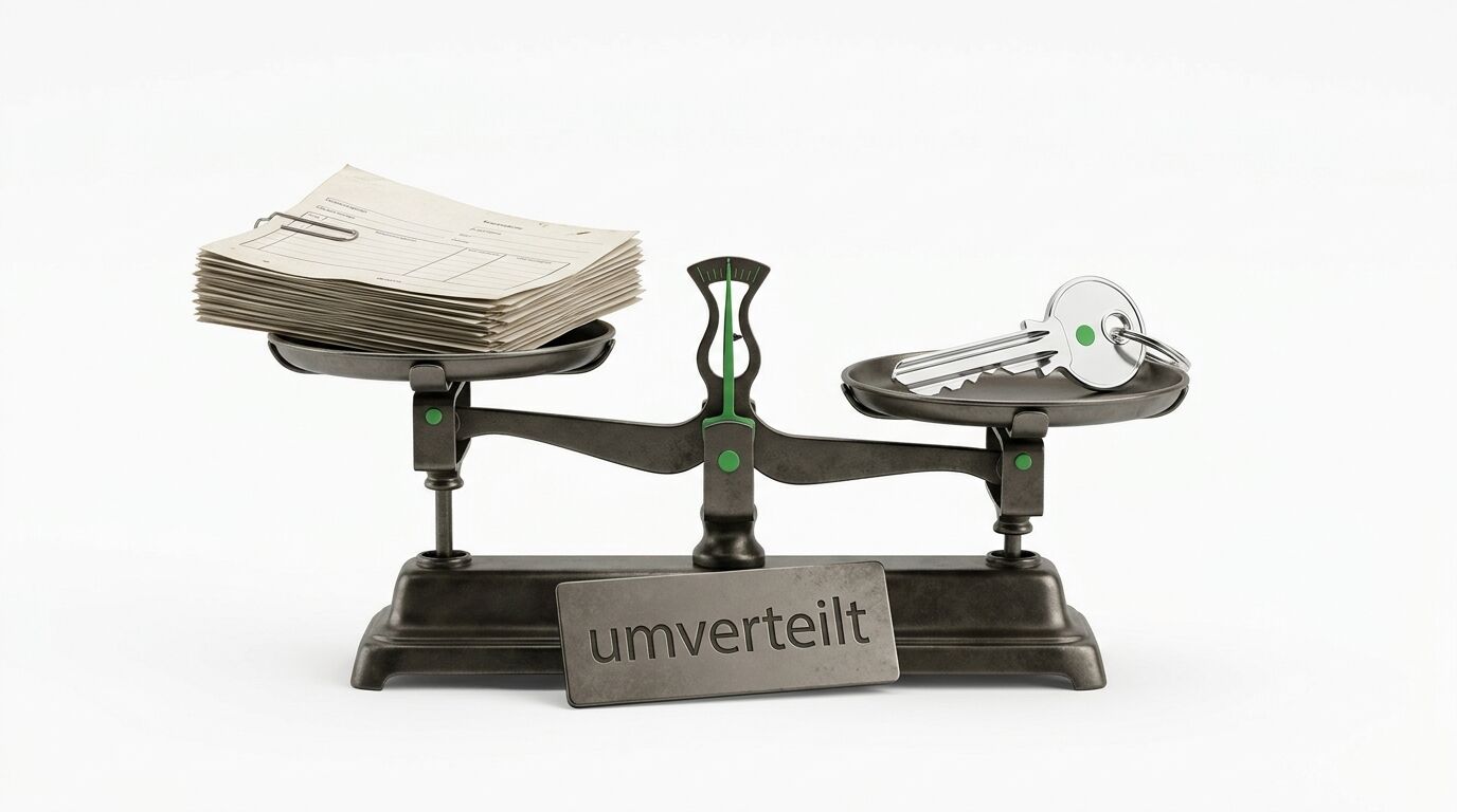 Waage mit Dokumentenstapel und Schlüsseln, beschriftet „umverteilt“