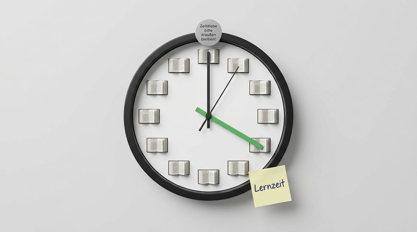 Uhr mit Büchern als Zahlen, grünem Zeiger und Notizen „Zeitdiebe“ und „Lernzeit“