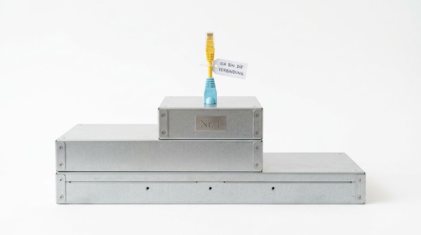 Metallgehäuse stapeln sich als Podest mit Kabel und Textschild „ICH BIN DIE VERBINDUNG.“