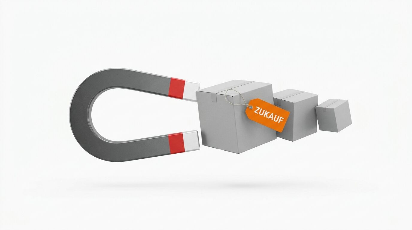 Ein Magnet zieht eine Reihe Kartons mit einem Anhänger „ZUKAUF“ an