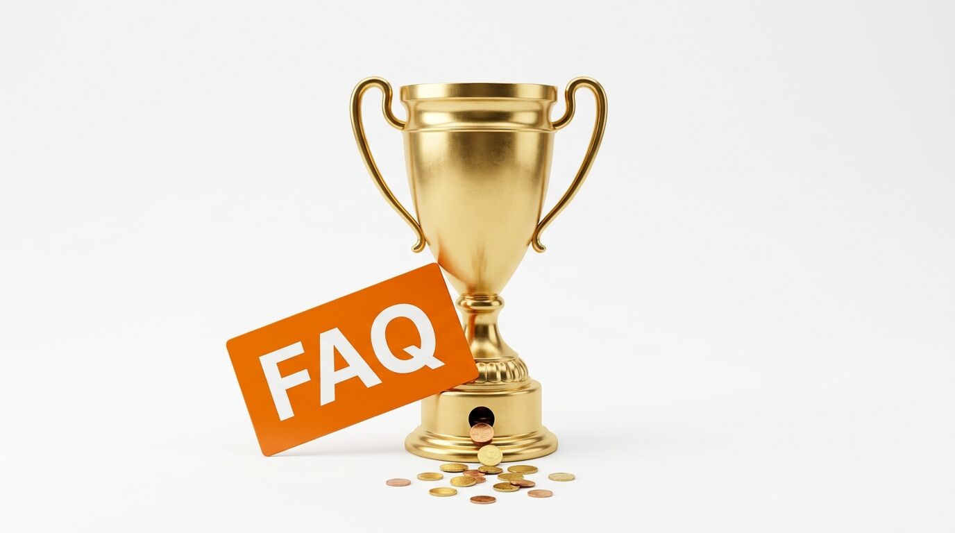 Goldener Pokal und orange Karte mit Aufschrift