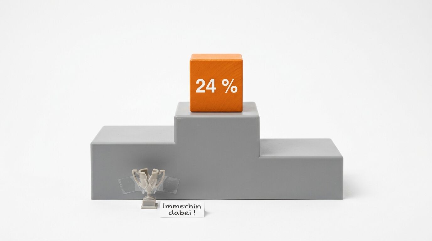 Ein oranges Holzklötzchen mit „24%“ steht oben auf einem grauen Podest. Unten links ein Schild