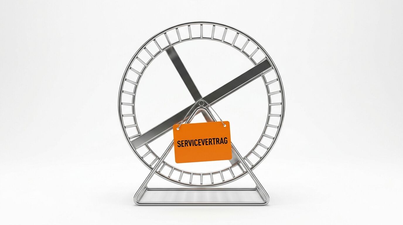 Stählernes Hamsterrad mit blockierender Metallstrebe und orangem Anhänger „SERVICEVERTRAG“