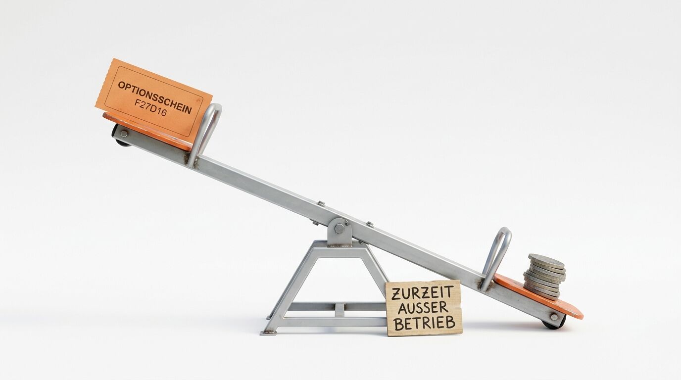 Modellwippe mit Optionsschein oben links, Münzen unten rechts, Schild mit Text am Sockel
