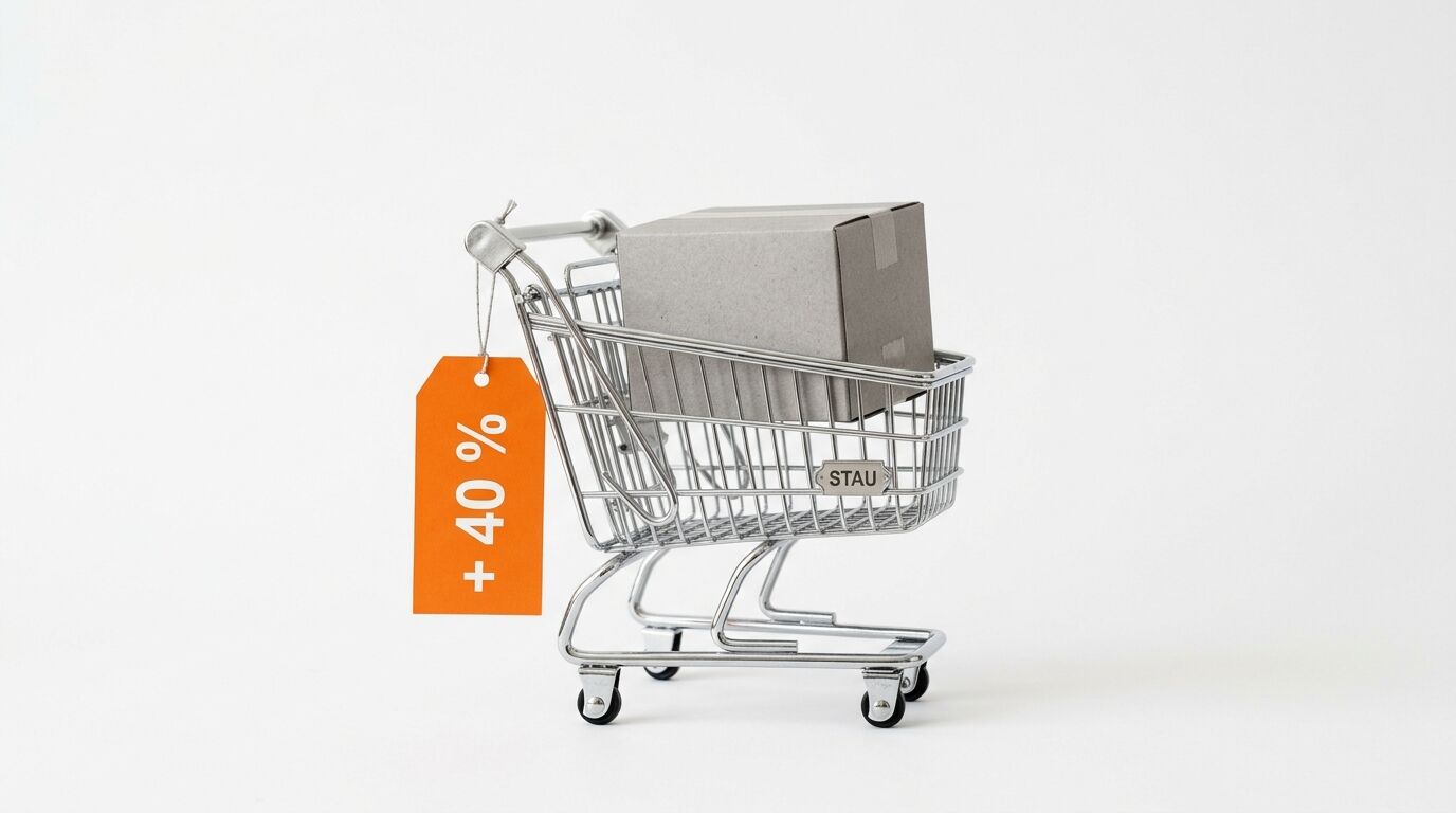 Einkaufswagen mit Karton und orangem Anhänger
