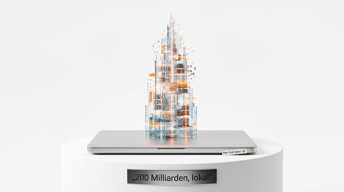 Laptop auf Sockel mit digitaler Hochhaus-Skulptur und Textplaketten