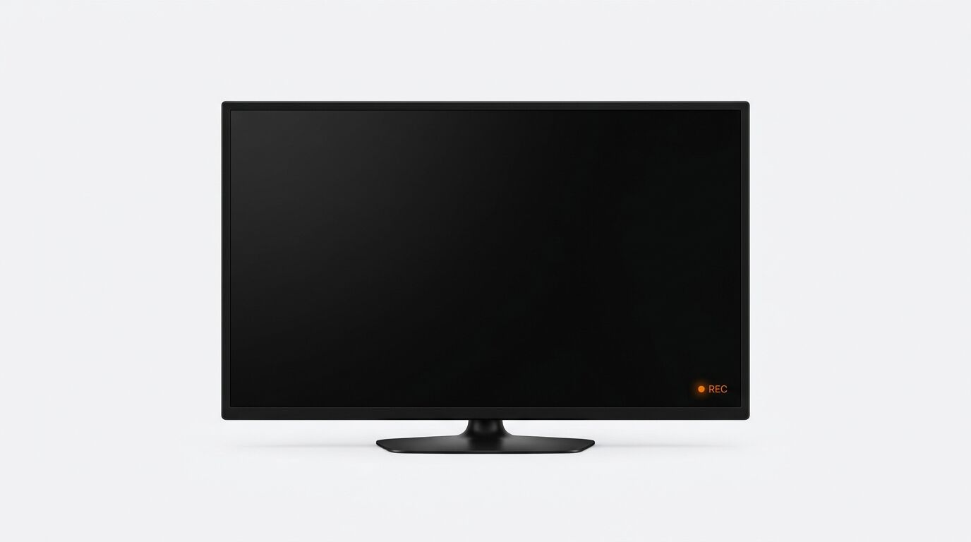 Schwarzer Fernseher mit Standfuß, schwarzem Bildschirm, orangefarbenem Punkt und „REC“ unten rechts