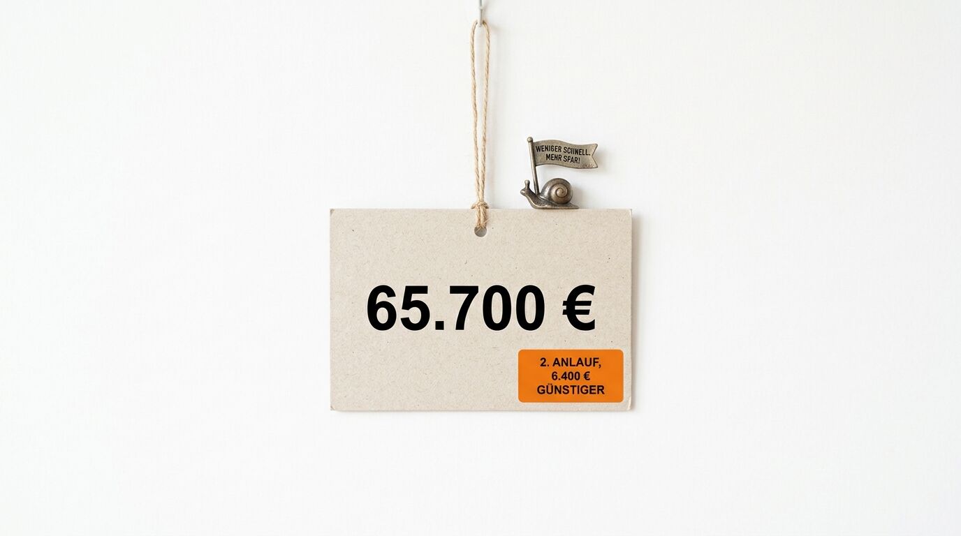 Schild mit Preisen (65.700 €, Rabatt) und Schneckenfigur an einer Schnur