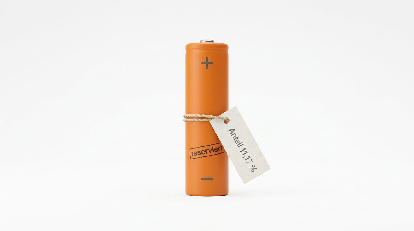 Orangefarbene Batterie mit Anhänger „Anteil 11,17%“ und Aufdruck „reserviert“ auf Weiß