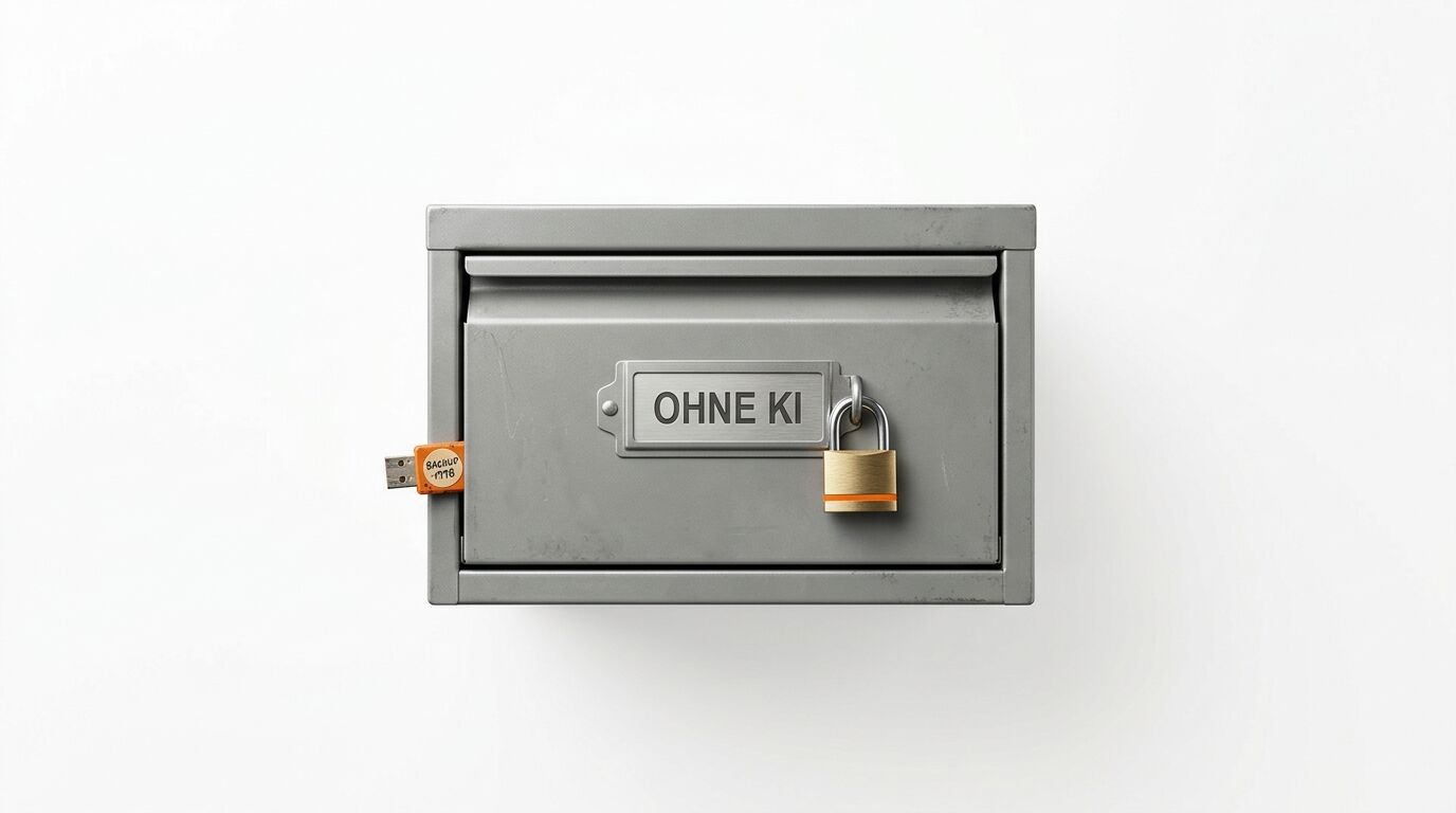 Grauer Briefkasten mit Vorhängeschloss, Aufschrift „OHNE KI“ und seitlichem USB-Stick auf Weiß