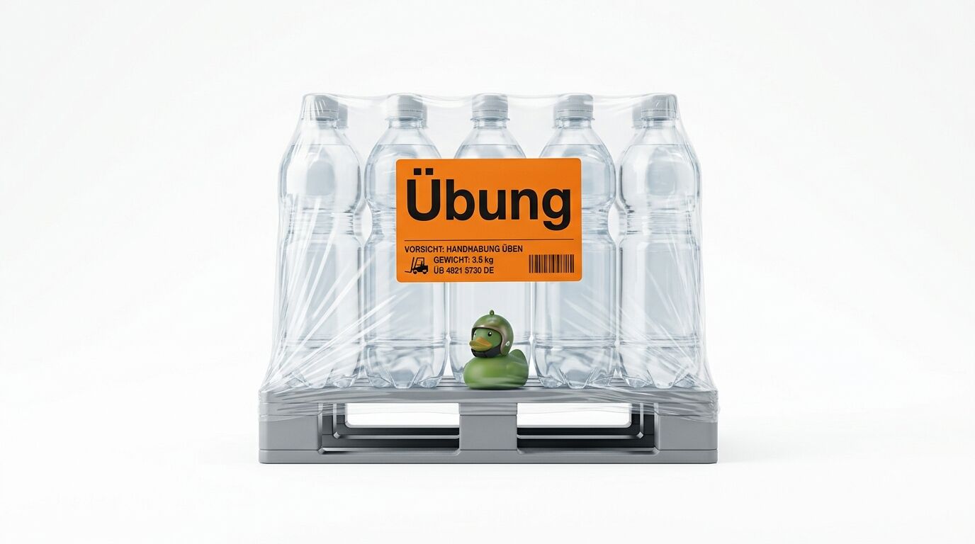 Schrumpfverpackte Wasserflaschen auf Mini-Palette mit Übung-Aufkleber und grüner Badeente