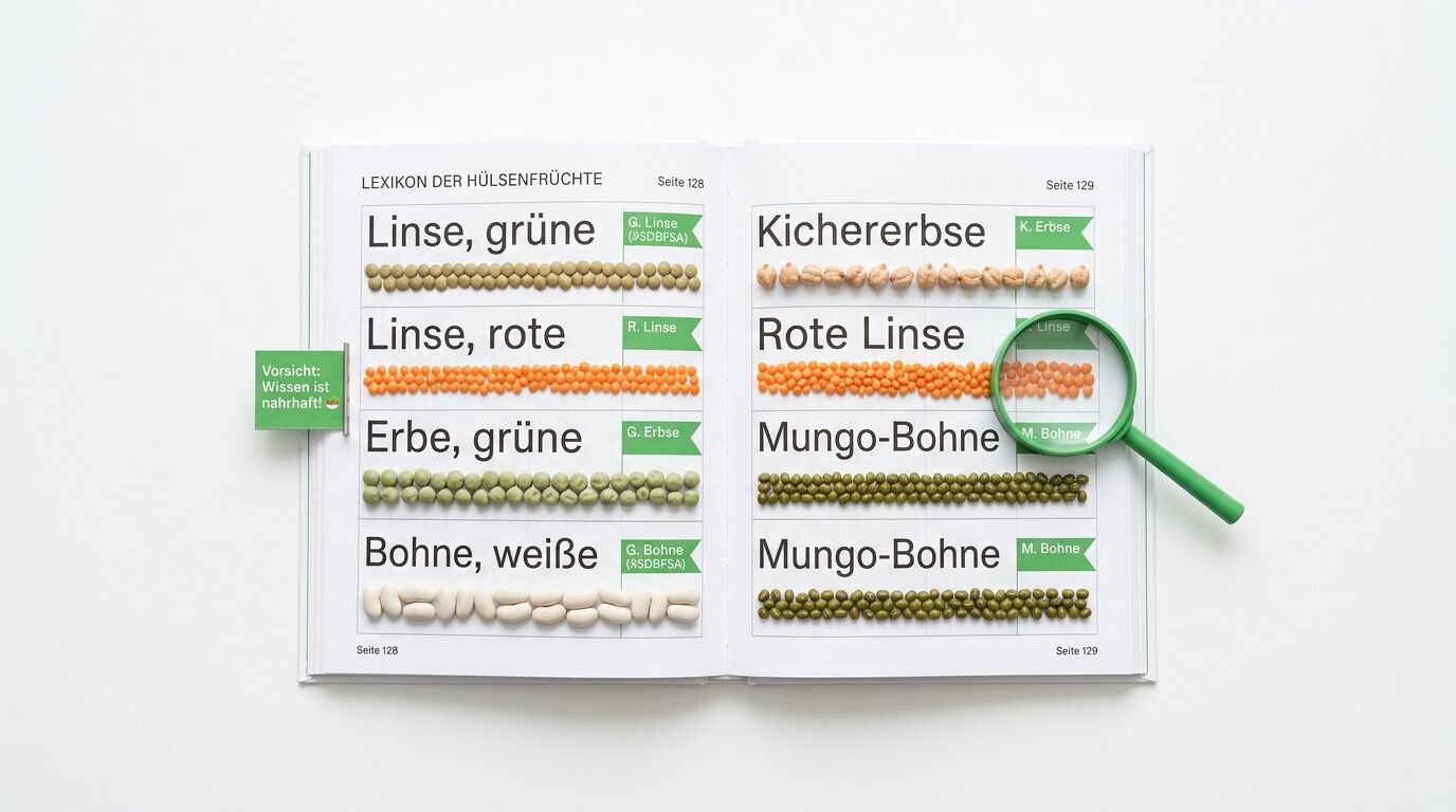 Lexikon über Hülsenfrüchte mit echten Proben und Lupe