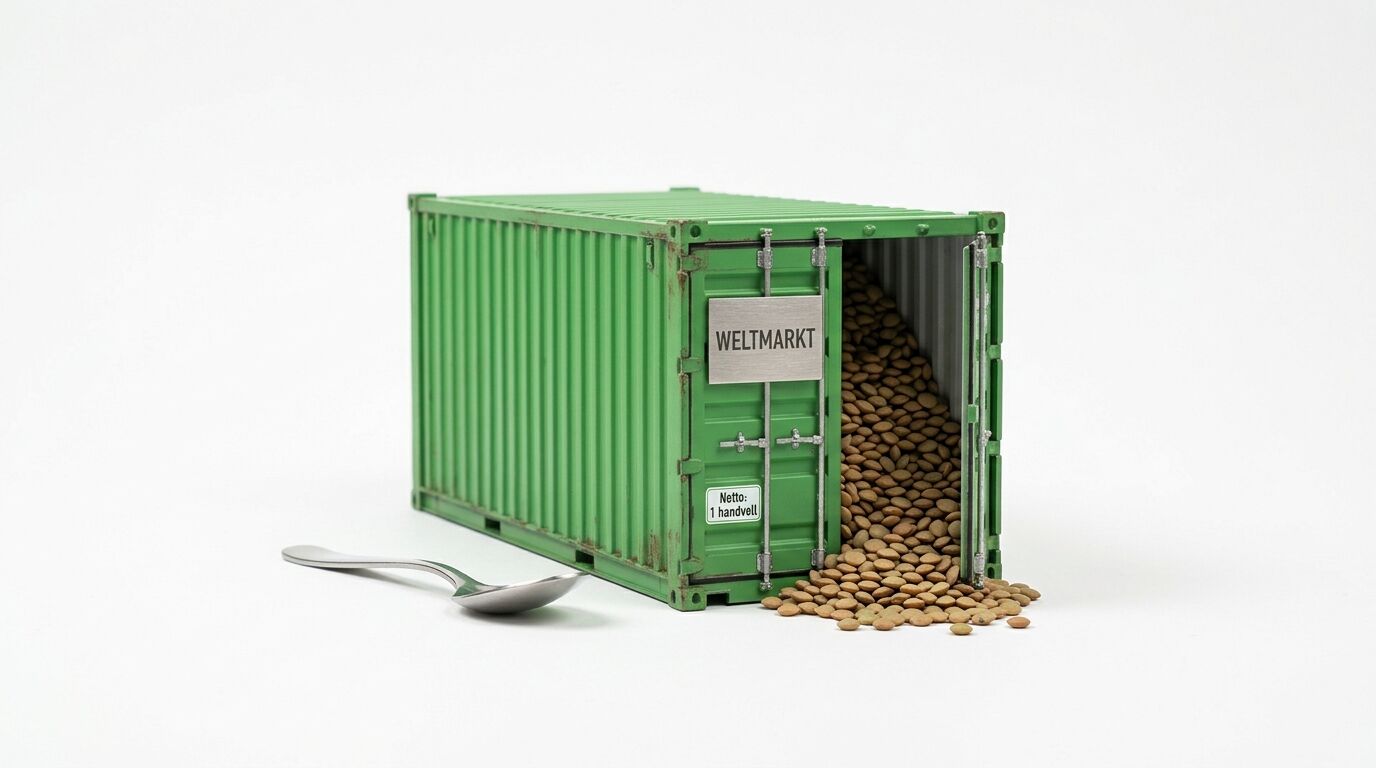 Kleiner grüner Container mit der Aufschrift „Weltmarkt“, Linsen und ein Löffel davor