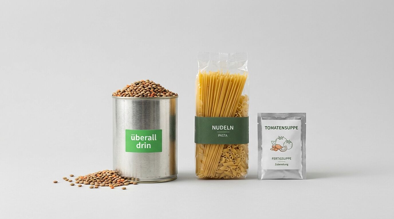 Dose mit Linsen, Packung Nudeln und Tomatensuppe-Tüte auf grauem Hintergrund
