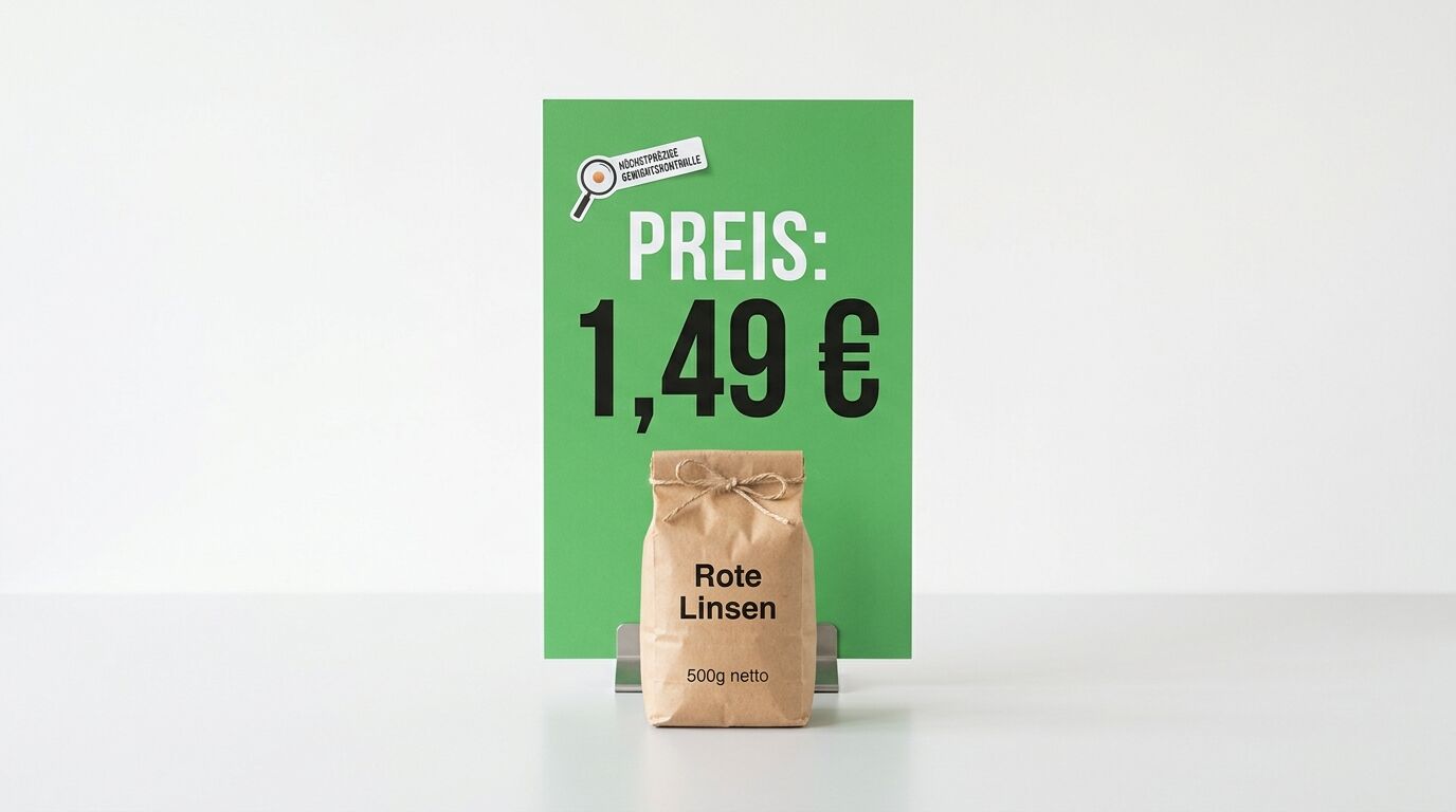 Tüte rote Linsen vor Preisschild