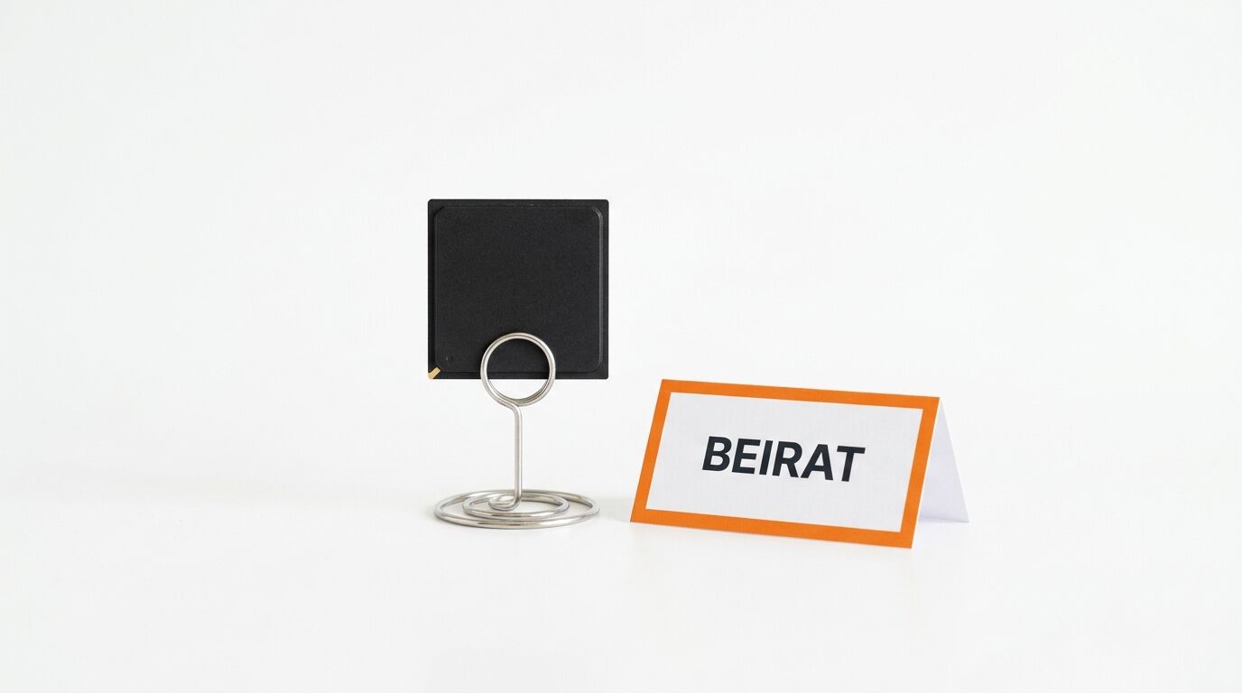 Ein schwarzer Kartenhalter und ein Tischaufsteller mit der Aufschrift „BEIRAT“ auf Weiß