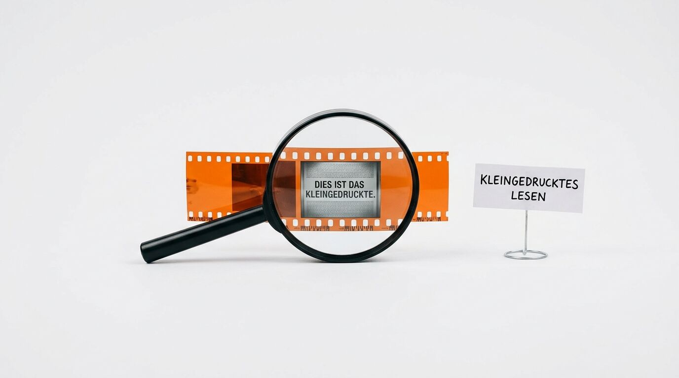 Eine Lupe vergrößert einen Filmstreifen mit Text "Dies ist das Kleingedruckte". Ein Schild rechts liest "Kleingedrucktes Lesen"