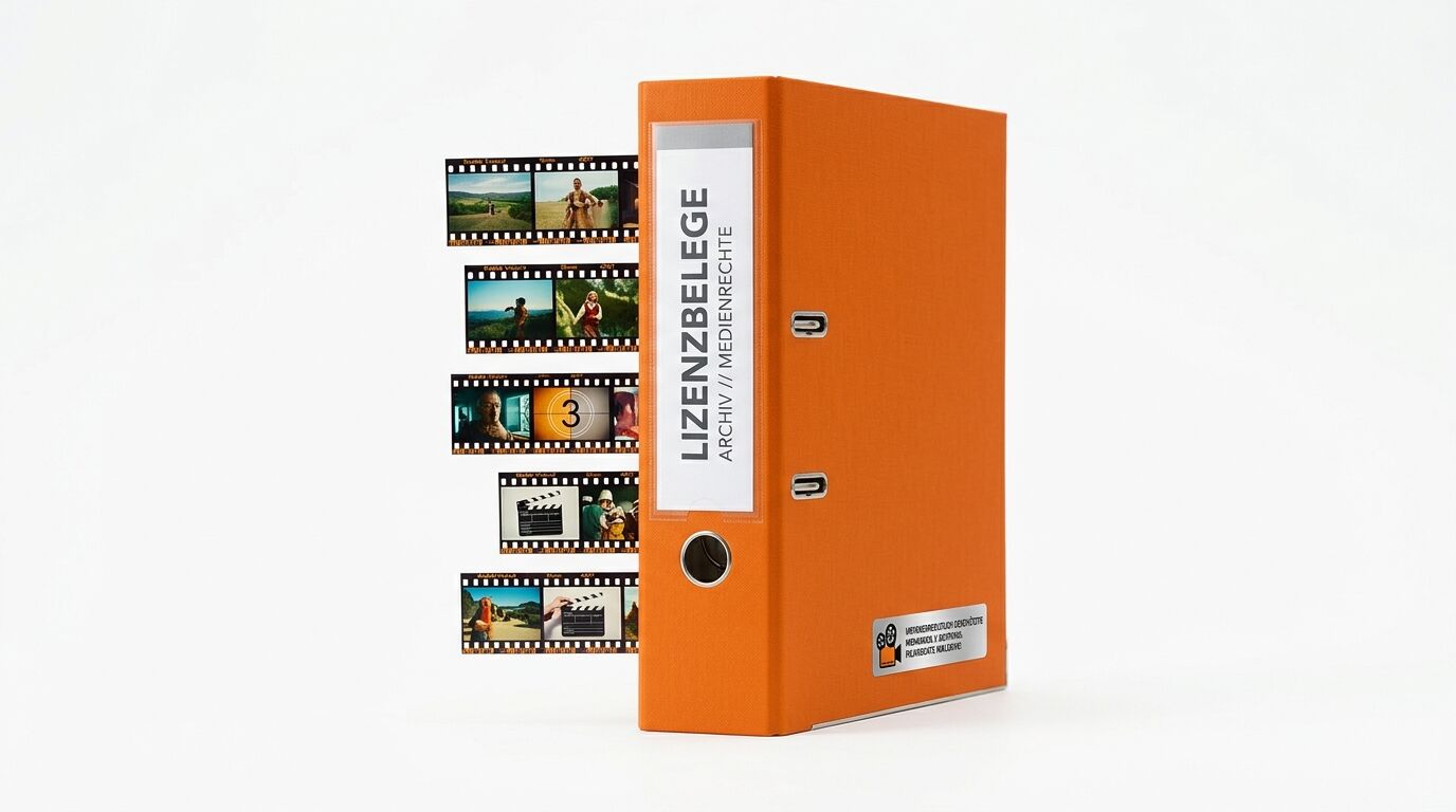 Orangefarbener Ordner mit Filmstreifen-Design und Aufschrift "LIZENBELEGE ARCHIV/MEDIRECHT" auf weißem Hintergrund