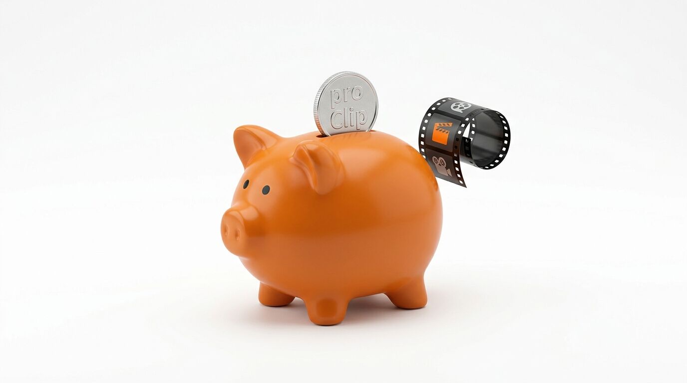 Oranges Sparschwein mit Filmrolle und Münze auf weißem Hintergrund