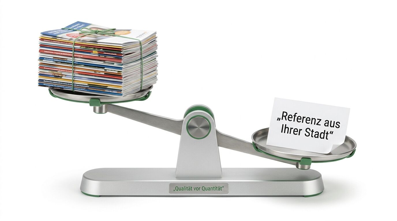 Eine Waage mit Bücherstapel links und Papier rechts, beschriftet "Qualität vor Quantität" und "Referenz aus Ihrer Stadt"