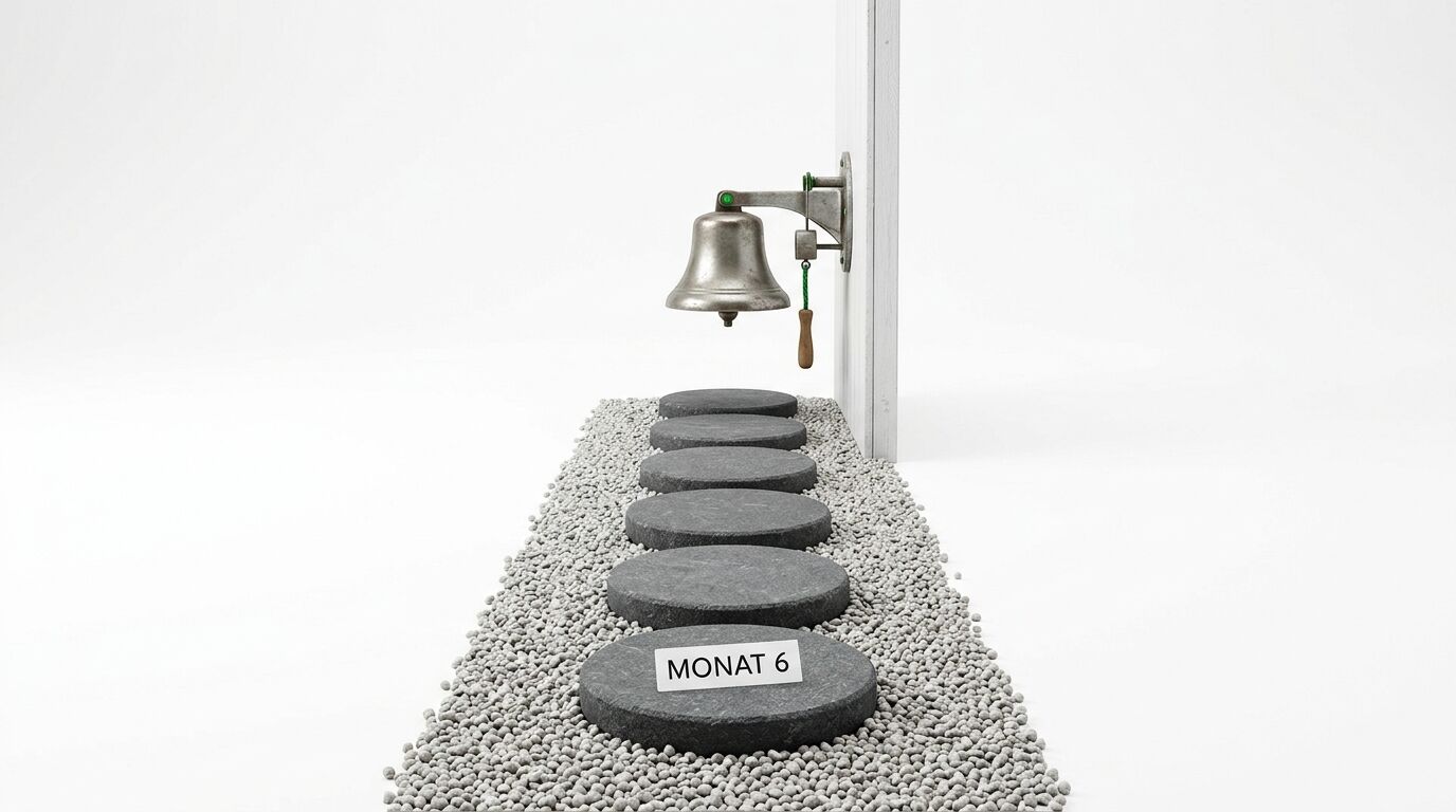 Steinweg mit weißem Kies, dunklen Trittsteine mit Label "MONAT 6", Glocke an Wand, minimalistisches Zen-Garten-Design