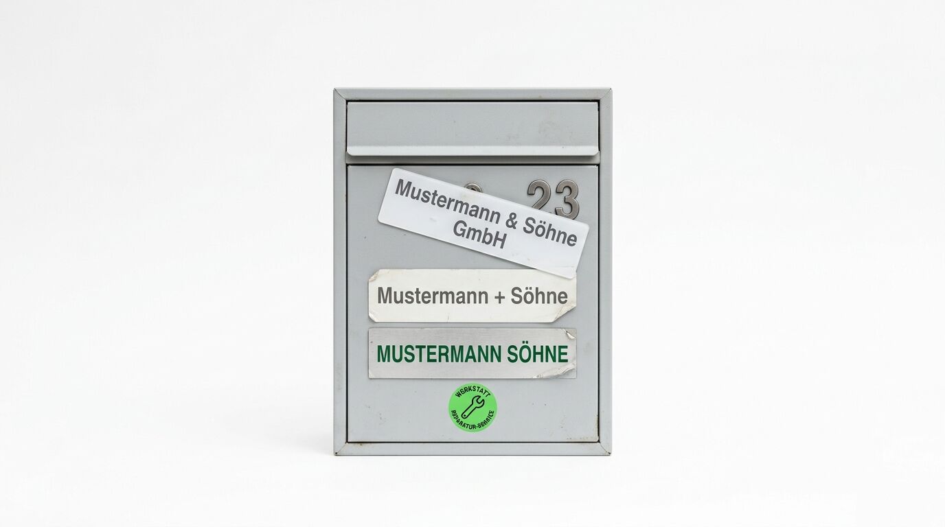 Metallischer Briefkasten mit Hausnummer 23 und mehreren Namensschildern verschiedener Varianten von "Mustermann"