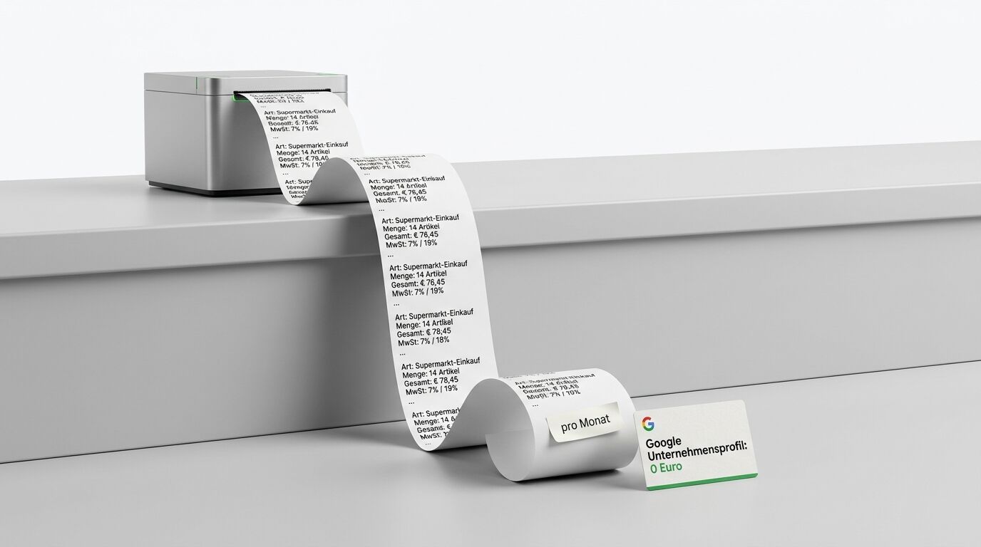 Kassenrolle mit Supermarkt-Einkaufsdaten neben Drucker und Google-Unternehmensprofilkarte auf Tisch