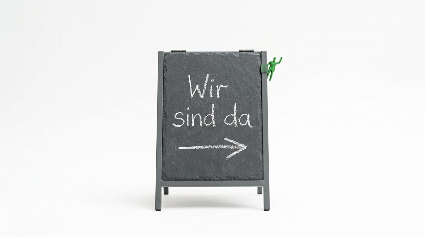 Schiefertafel mit grauem Holzrahmen zeigt in Kreide geschriebene Worte "Wir sind da" und einen Pfeil, kleine grüne Figur oben rechts
