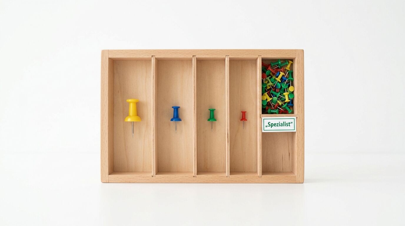 Holzbox mit fünf Fächern, vier farbigen Pinnnadeln (gelb, blau, grün, rot) und einem Fach mit bunten Pins, Etikett "Spezialist"