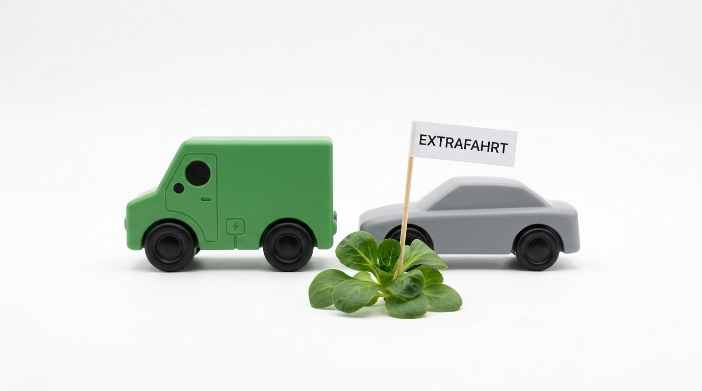 Grüner Spielzeug-E-Transporter und graues Auto mit „EXTRAFAHRT“-Fähnchen vor Feldsalat