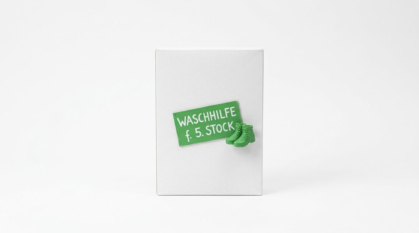 Weißer Karton mit grünem Schild „WASCHHILFE f. 5. STOCK“ und grünen Ministiefeln davor