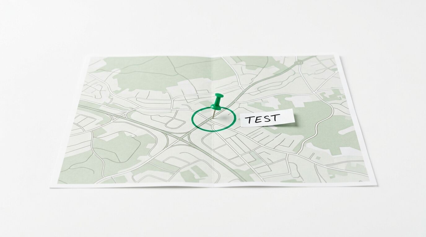 Gefaltete Karte mit grünem Pin im eingekreisten Bereich und Notiz „TEST“