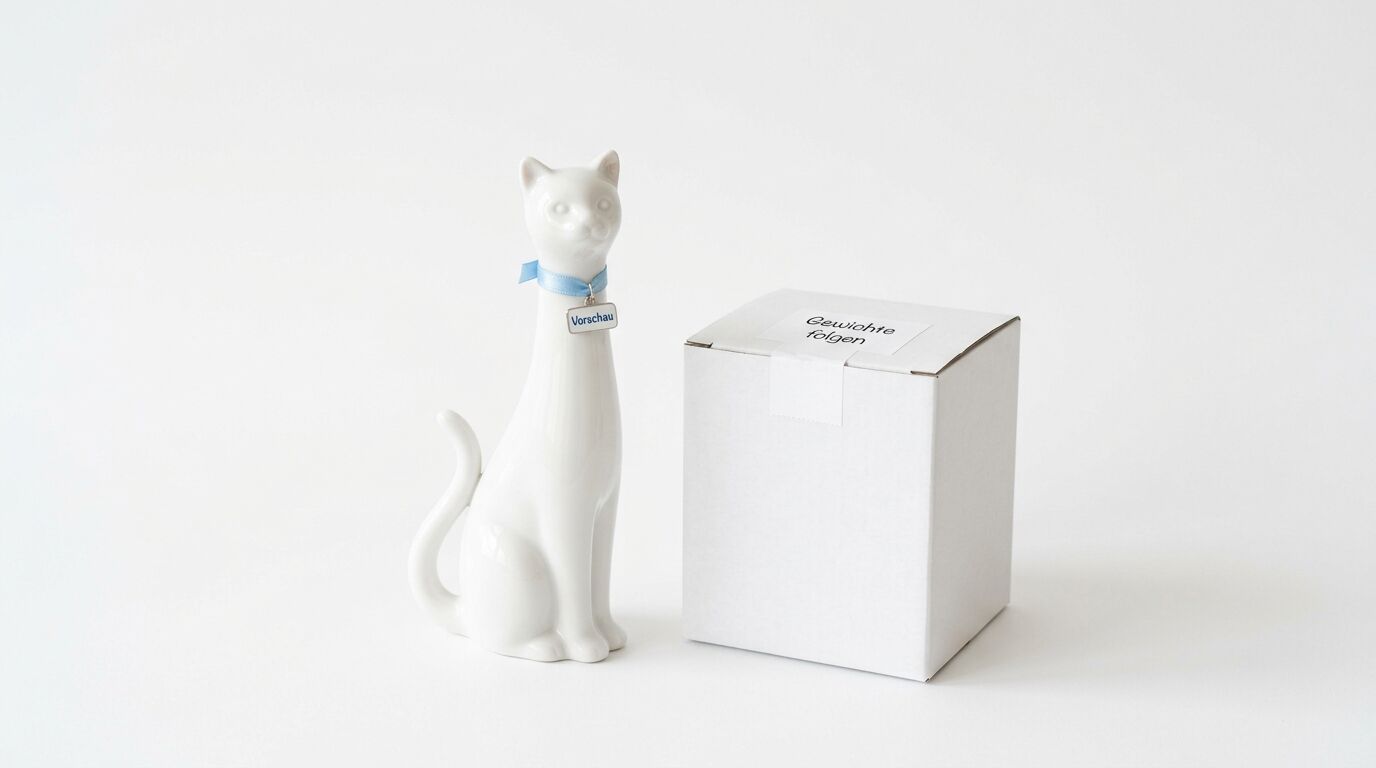 Eine weiße, sitzende Porzellankatze steht links von einem weißen Karton auf weißem Grund