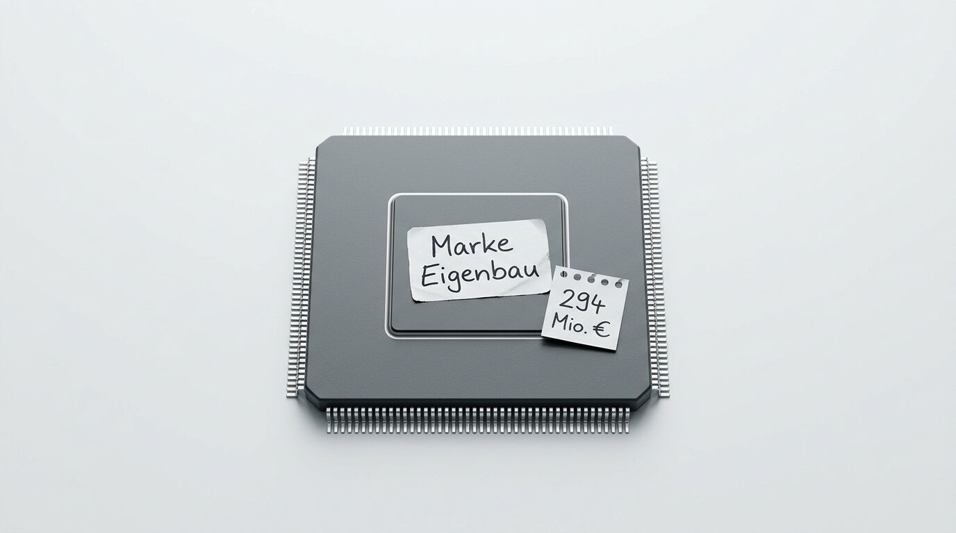 Prozessor-Chip mit handschriftlichen Etiketten Marke Eigenbau und 294 Mio. € auf weißem Grund